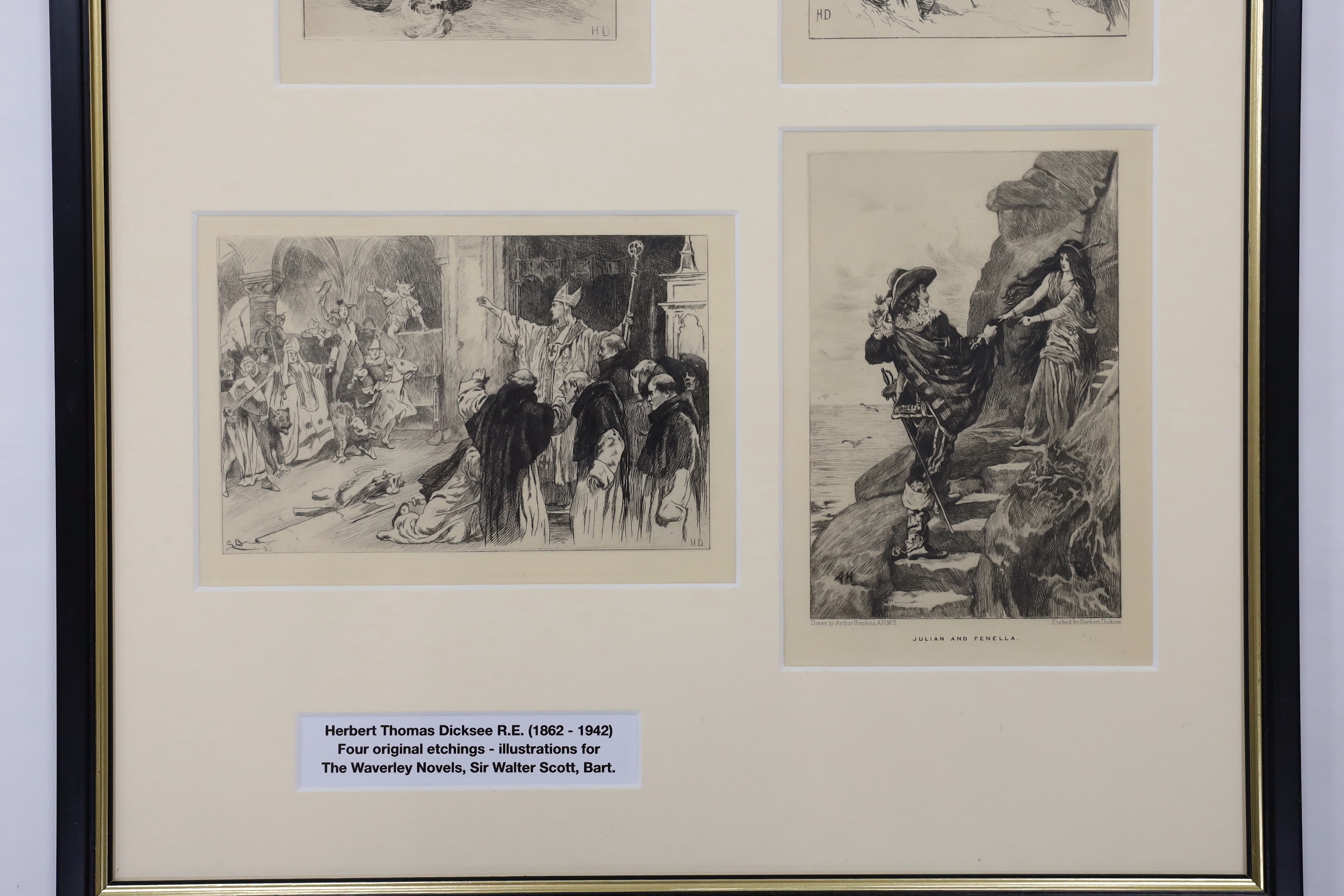 Herbert Dicksee (1862-1942), four etchings, Illustrations for the Waverley Novels. Sir Walter Scott, framed as one, each 16 x 10.5cm